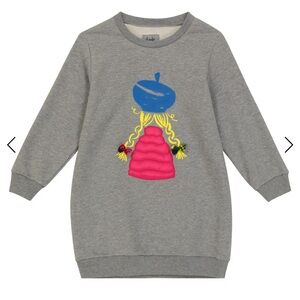 Il Gufo Grey Long-Sleeve Embroidered Dress with Pink & Blue Motif